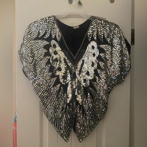 VINTAGE Butterfly Top, Sequined, Black & Silver